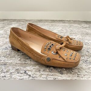 TODS Studded Penny Loafers Size 7.5 Brown Beige Suede Italy Made Shoes $795